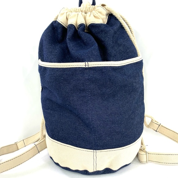 Unbranded Blue Denim Unisex Medium Backpack Cream Straps Trim Zip Pouch Included - Picture 1 of 9